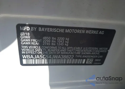 2018 BMW 530I из США, поврежденный, VIN WBAJA5C54JWA38822